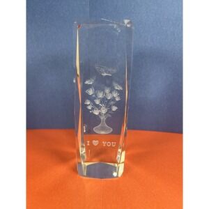 3D Laser Etched Clear Crystal Glass Paperweight "I Love You" Roses & Butterflies